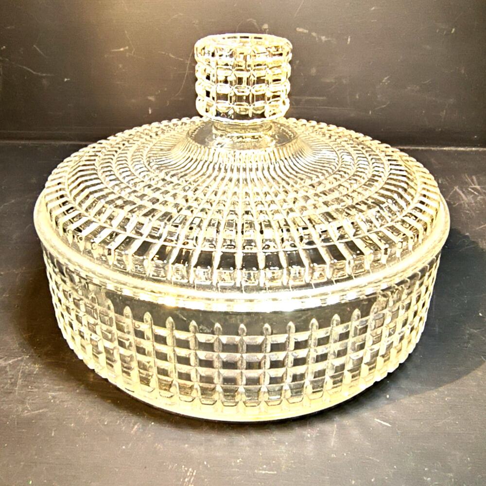2138. Vintage Mid Century Lidded Clear Pressed Glass Powder Jar Candy Dish